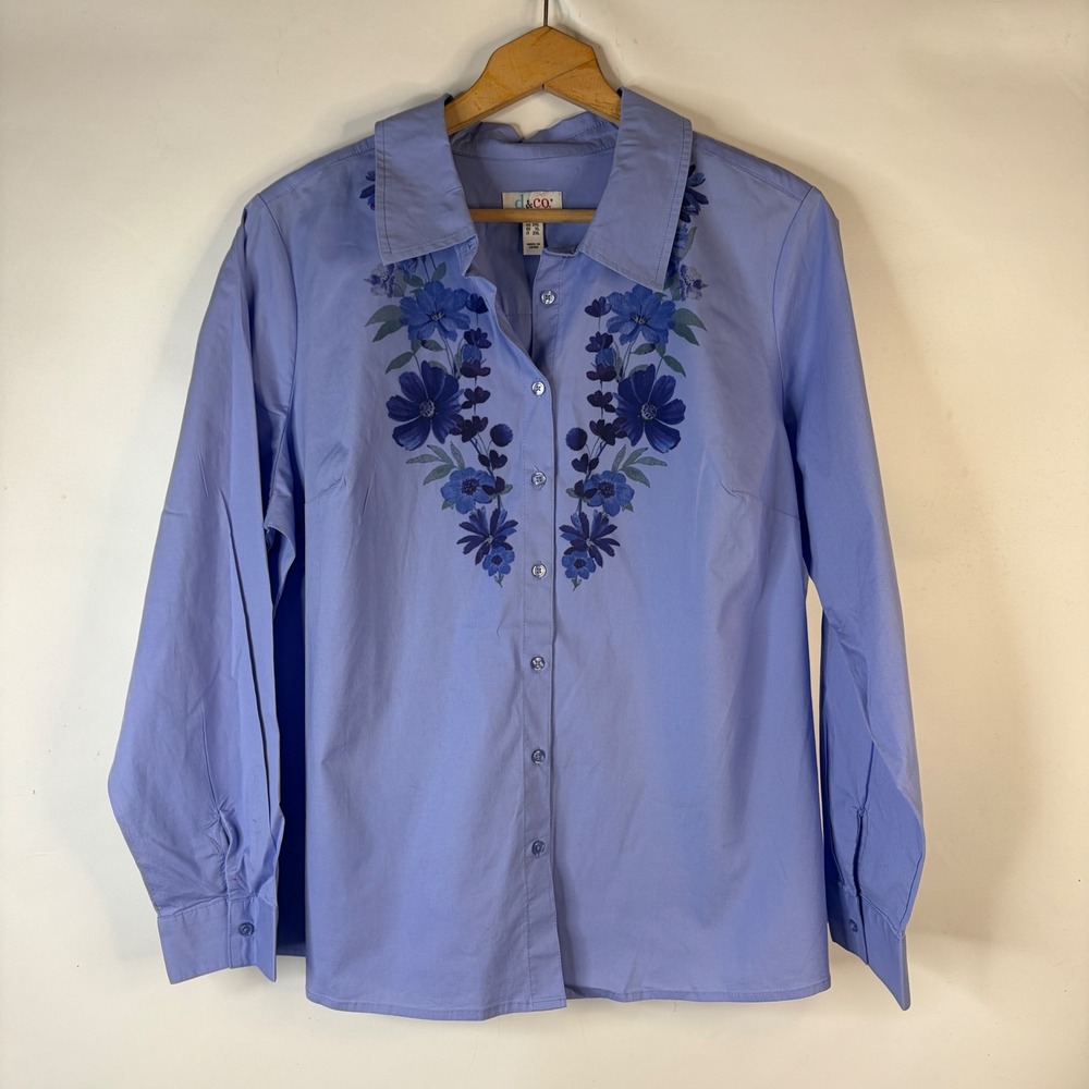 Denim & Co Button Down Shirt Womens 1X Blue Floral Long Sleeve Cotton Blend